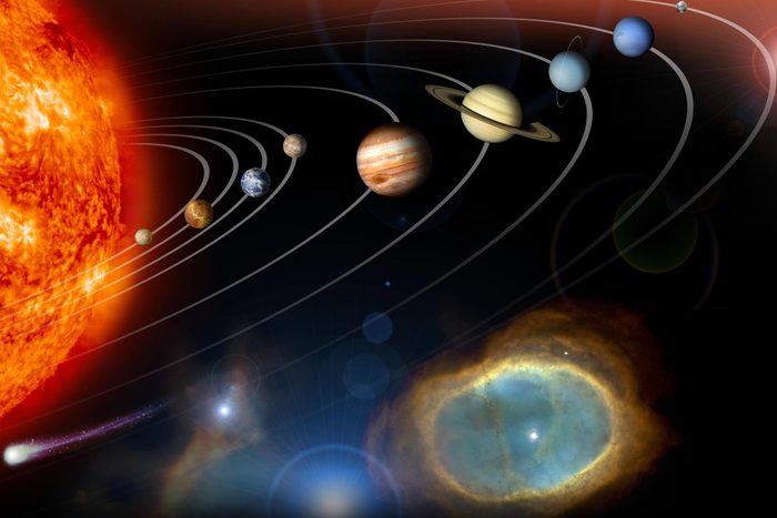 This image is an unannotated version of NASA Planetary Photojournal Home Page graphic. This digital collage contains a highly stylized rendition of our solar system and points beyond.