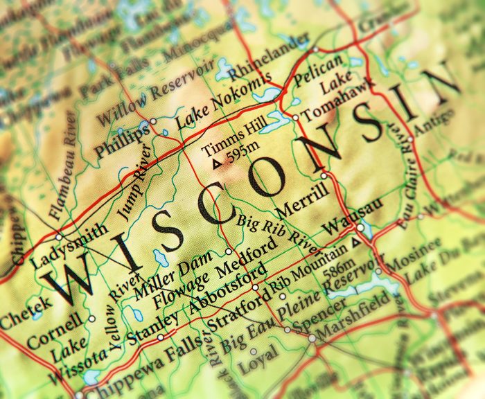 Geographic map of US state Wisconsin with important cities