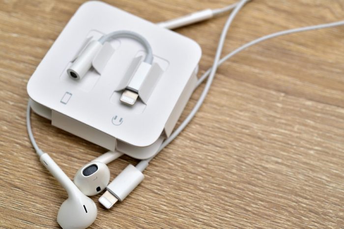 Bangkok, Thailand - November 23, 2016 : New Apple iPhone 7 - Lightning to 3.5 mm Headphone Jack Adapter and Earpods. New Apple iPhone acclaims to become the most popular smart phone.