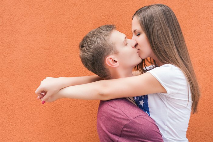 Happy Valentines Day couple kissing, 14th February celebration, Valentine. Love concept. Copy space background