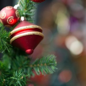 Red ornaments hang on green pine branches, surrounded by blurred, colorful lights in a festive environment.