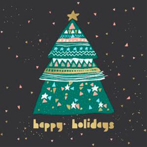 A decorated Christmas tree with a star on top, surrounded by colorful confetti, on a dark background. Text reads 