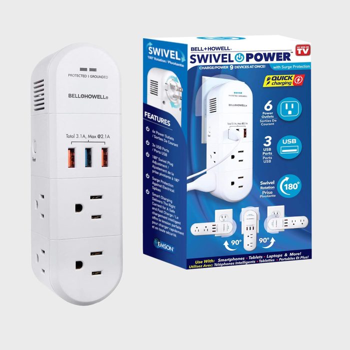 Power strip with USB ports displayed alongside packaging. Features 6 outlets, 3 USB ports, swivel capability, surge protection. Suitable for various electronic devices.