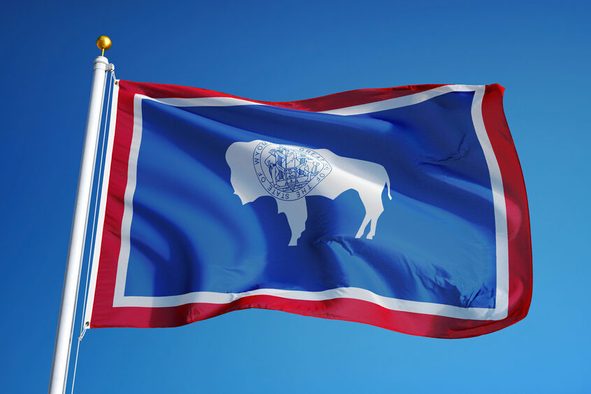 Wyoming (U.S. state) flag waving against clear blue sky, close up, isolated with clipping path mask alpha channel transparency, perfect for film, news, composition