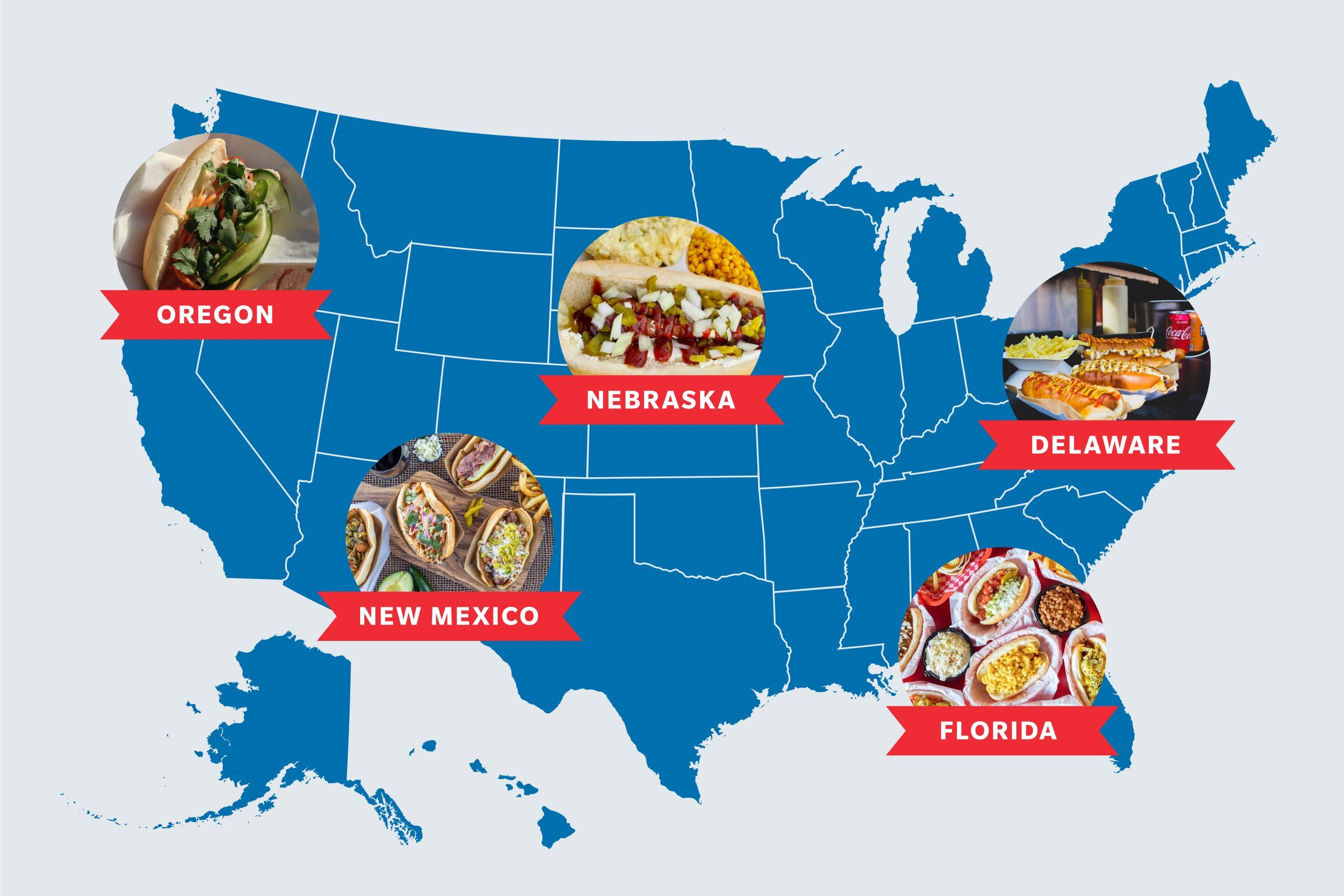 map of the United States showing the best hot dog place in five states