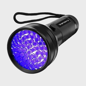 Flashlight emits purple light, textured grip, branded 