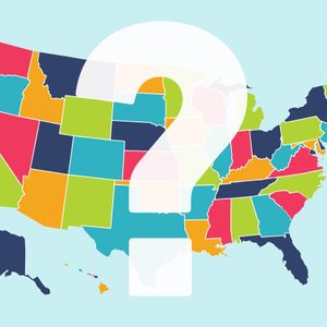 Colorful US map displays a large, semi-transparent question mark overlay, highlighting varied shaded states on a light blue background.