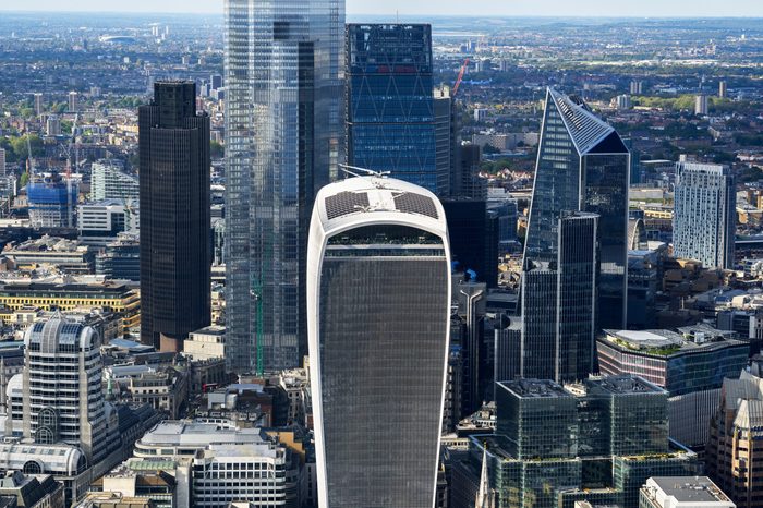 Aerial view over London financial district and city skyscrapers