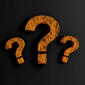 Three orange string-patterned question marks float against a solid black background.