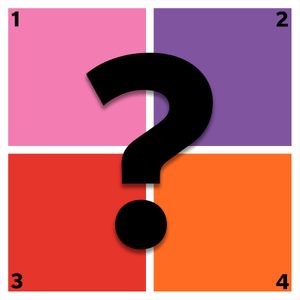 Black question mark overlays a four-color grid (pink, purple, red, orange) numbered 1 to 4 in each corner.