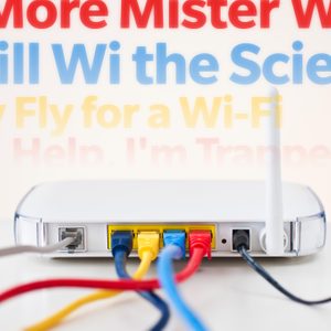 Router connects colorful cables; text humorously suggests Wi-Fi network names: 
