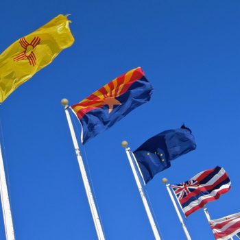 Flags wave against a clear blue sky, mounted on tall poles, displaying various regional designs and patterns.