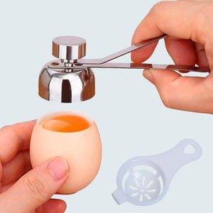 Egg topper cracks shell; tool above open egg in hand; white separator nearby.