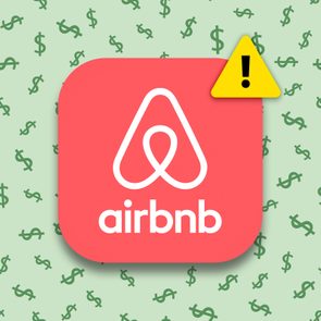 Airbnb logo sits with caution symbol on a pink square, surrounded by a light green background with dollar signs.