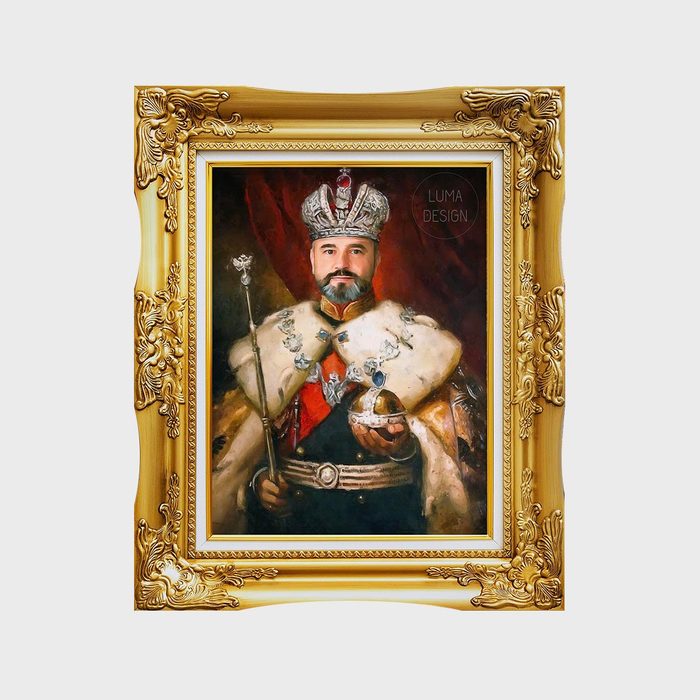 A royal portrait features a bearded man wearing a crown and fur robe, holding a scepter and orb, in a decorative gold frame.