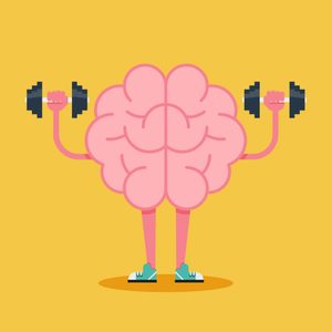Brain lifts dumbbells, wearing sneakers, against a yellow background.