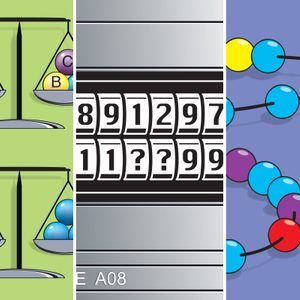 Scales balance colored balls; numbers on dials partly missing; colored beads on wires with â€œ6â€ marked, set against colored backgrounds.