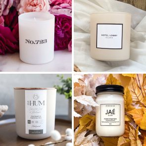 Candles arranged in seasonal settings; one against flowers, another on fabric, the third with foliage, and a fourth on wood. Each has distinct labels.