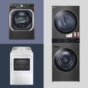 Front-load and top-load washing machines and dryers displayed against blue and gray backgrounds.