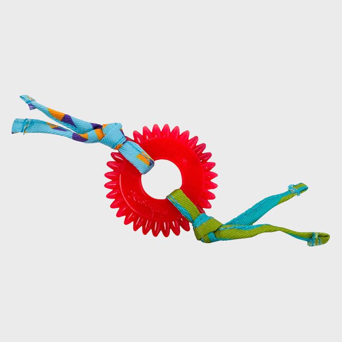A red spiked ring toy with colorful fabric knots, positioned against a plain white background.