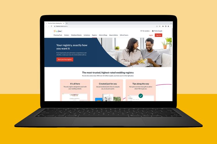 Laptop displays a wedding registry website homepage; couple sits smiling on a sofa. Text advertises customizable wedding registry services against a yellow background.