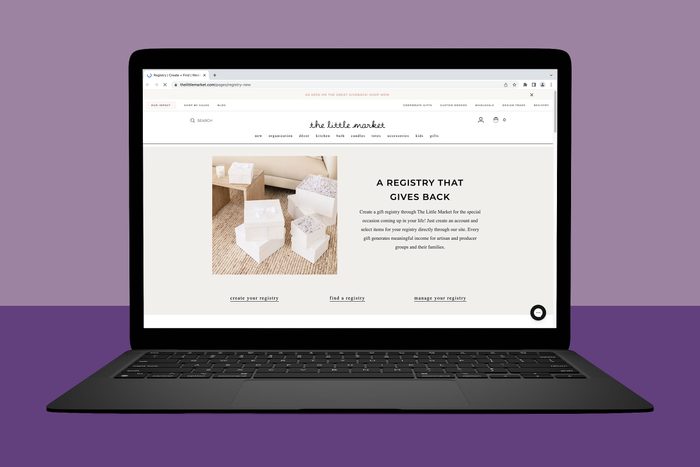 A laptop displays a website featuring white gift boxes beside a description about a gift registry that supports artisan and producer groups.