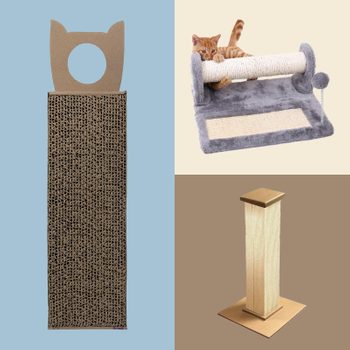 Cardboard cat scratch post sits upright; a cat plays on a rotating scratching post; square column scratcher stands on a base.