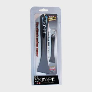 Plastic scraper duo packaged in clear plastic, displayed vertically. Text reads: 