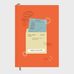 An orange notebook displays a library card pocket with stamps and a due date card. Text: 