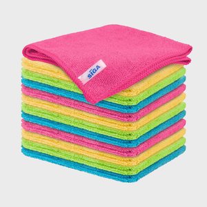 Stacked microfiber cloths display vivid colors, including pink, yellow, green, and blue. The top cloth has a tag labeled 