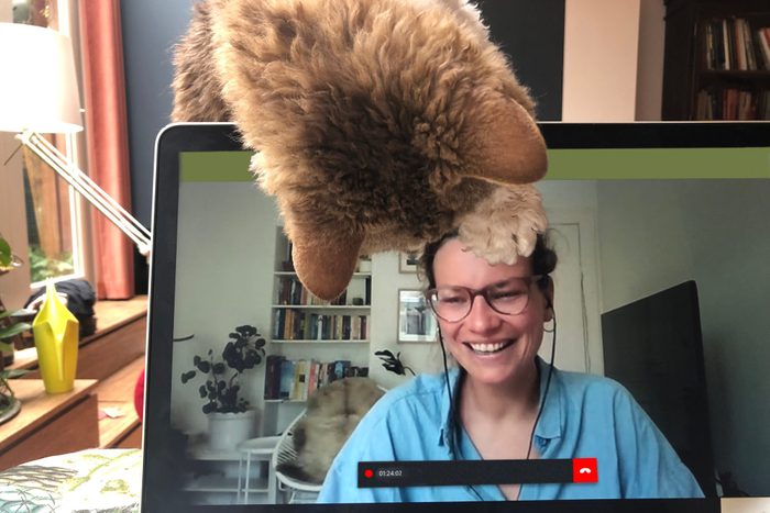 Video call with cat joining in