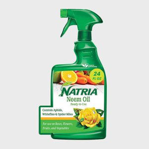 Green spray bottle dispenses neem oil, targeting garden pests; features images of citrus and vegetables. 