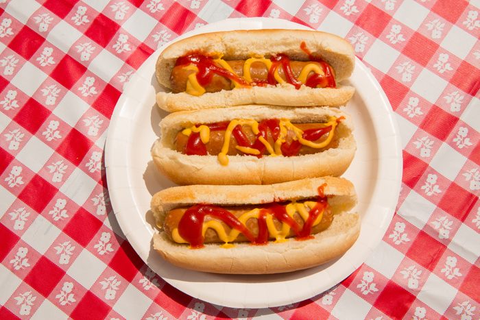 Hot Dogs From Above, Summer BBQ Foods Layout, Hot Dog Buns Overhead