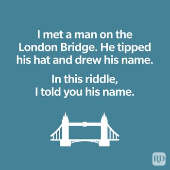 Riddle text appears over an illustration of a bridge, creating a visual puzzle on a teal background.