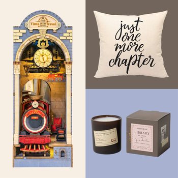 A model train enters a time station; a pillow reads "just one more chapter"; a candle and box are labeled with Jane Austen.