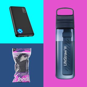 Portable charger glowing, set on cyan background; water bottle upright, pink backdrop; pack of elastic bands sealed, navy background.