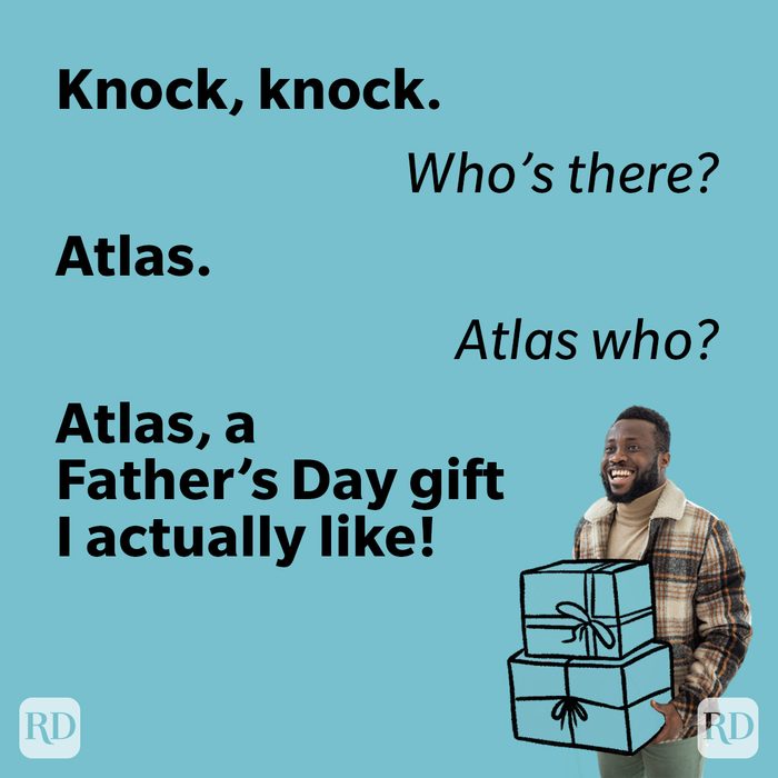 A smiling man holds gift boxes, with text: "Knock, knock. Who’s there? Atlas. Atlas who? Atlas, a Father’s Day gift I actually like!" Blue background.