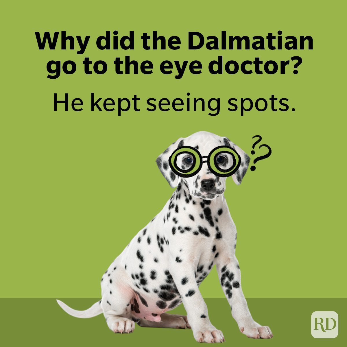 Dalmatian sits wearing glasses, looking curious. Text: "Why did the Dalmatian go to the eye doctor? He kept seeing spots." Green background.