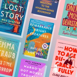 Books are displayed with vibrant covers featuring various designs and titles against a gradient background.