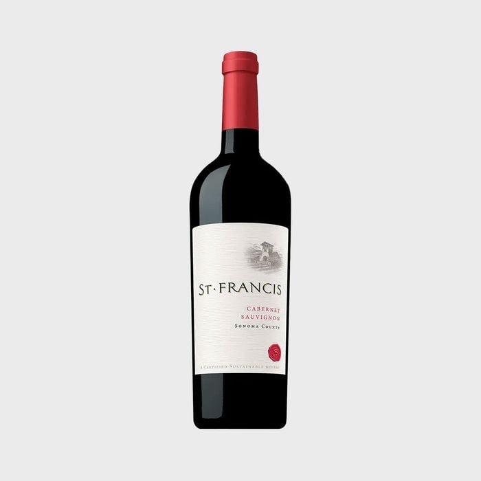 Bottle stands upright, showcasing a red wine labeled 