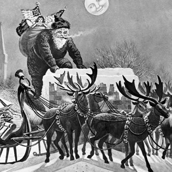 Santa Claus climbs a snowy chimney with a full sack, while reindeer wait on a rooftop; a crescent moon smiles in the background.