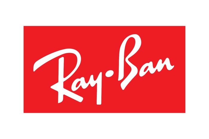 White script text "Ray-Ban" appears prominently on a bold red background, creating a striking and recognizable logo.
