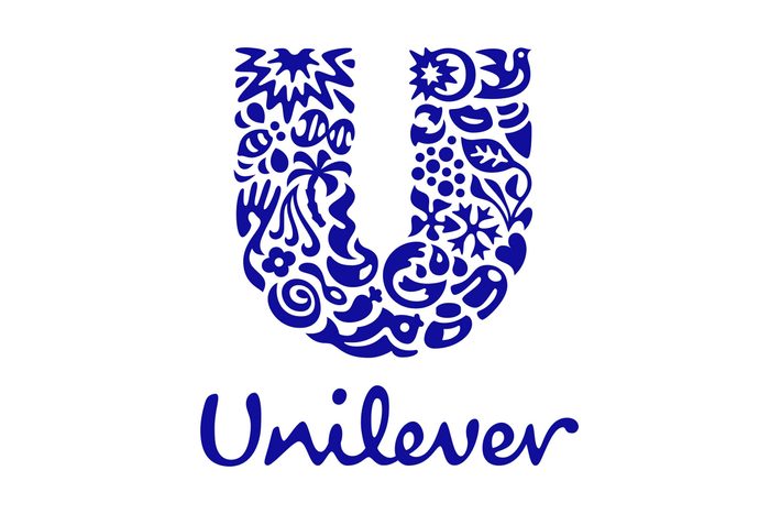 Blue illustrated "U" with various icons, depicting nature and objects, above the word "Unilever" in stylized, cursive lettering on a white background.